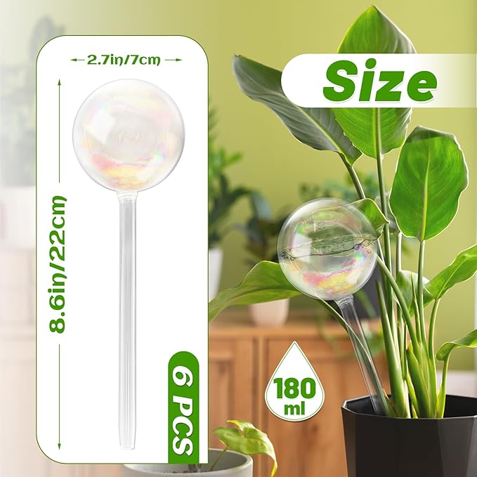 6 Pack Plant Watering Globes,Iridescent Rainbow Glass Self-Watering Bulbs,Large Watering Globe Planter Insert for Indoor & Outdoor Plants,DIY,Flowerpot,Hanging Plants,Home Garden