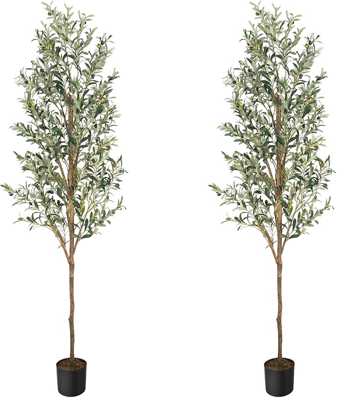 Artificial Fake Olive Tree 7FT Tall 2Pack Faux Silk Olive Tree for Home Living Room Office Decor Faux Artificial Plants Indoor Fake Potted Plants with Fruit & Free Moss