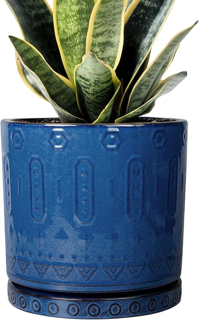 Eightpot 6 Inch Plant Pot - Ceramic Planter for Outdoor Plants Indoor Plant Pot with Drainage Holes and Saucer Succulent Pot Modern Round Flower Pot for House Room Decor Blue