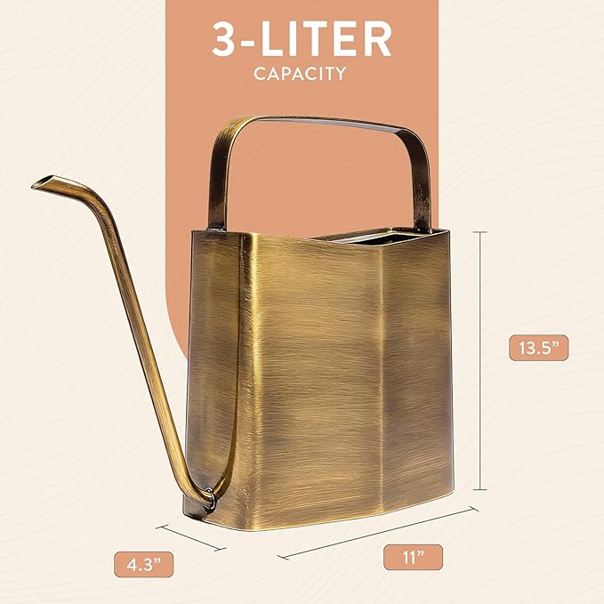Modern Sprout Brass Finish Plant Watering Can - 3L Capacity - Long Spout Stainless Steel Vessel for Outdoor & Indoor Plants - Rust Resistant - Garden Accessory for Houseplants & Decorative Use