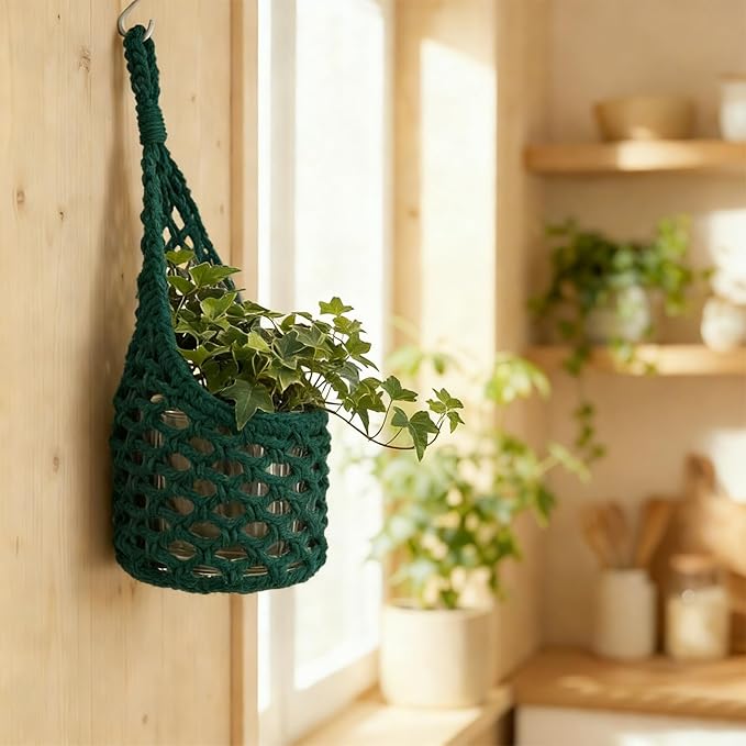 Macrame Wall Plant Hanger, Hanging Planter Basket Holder, Wall Planters for Indoor Plants, for Up to 6 Inch Pot (Green, 6-Inch)