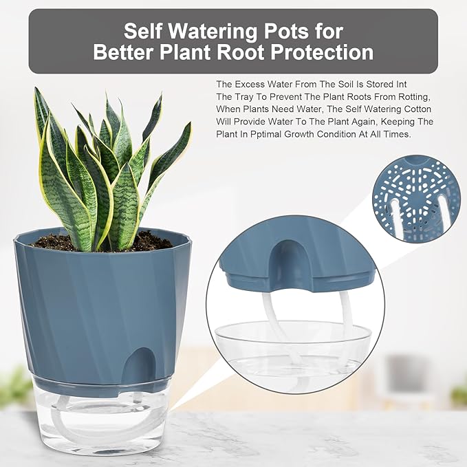 Self Watering Plant Pots 6 Inch, 6 Pack Indoor Planters with Wick Rope and Reservoir, Decorative Flower Pots for Spider Plant, Orchid, African Violet, Home Office Decor (2 White, 2 Pink, 2 Blue)
