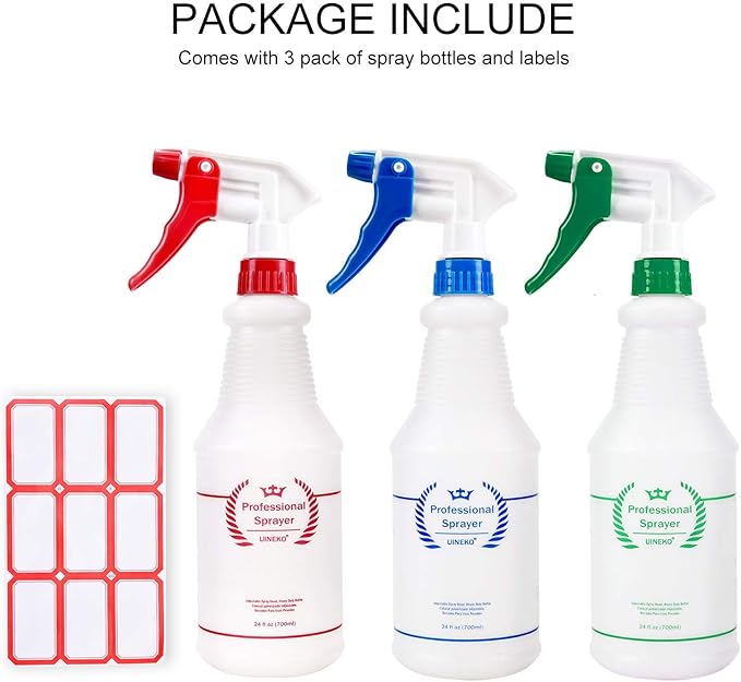 Uineko Plastic Spray Bottle (3 Pack, 24 Oz, 3 Colors) Heavy Duty All-Purpose Empty Spraying Leak Proof Mist Water Bottles for Cleaning Solutions Plants Essential Oils Hair Pet with Adjustable Nozzle