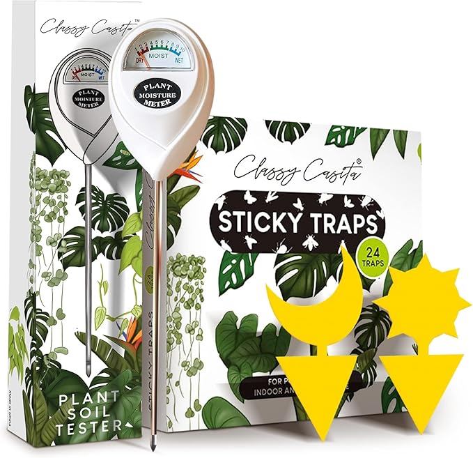 Classy Casita Plant Care Bundle: Sticky Traps, 24-Pack Plant Sticky Traps & Soil Moisture Meter for Indoor & Outdoor Plants w/Plant Watering & Care eBook, White