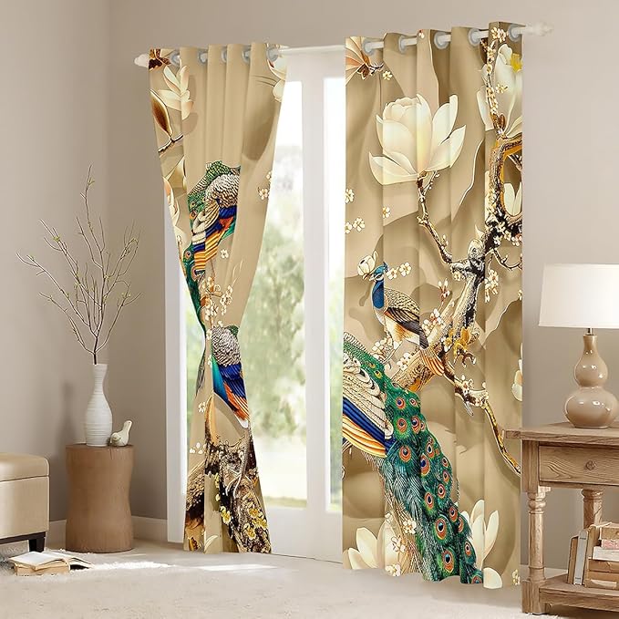 Feelyou Peacock Window Curtains Bedroom Living Room Peacock with Floral Window Drapes Kids Room Decor Adults Girls Animals Curtains Botanical Window Treatments 38W X 54L,2 Panels