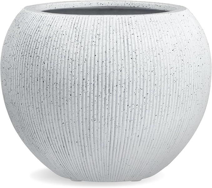KUTE NEST 12.8"H x 16"D Premium Ribbed Globo Fiberstone Round Planter with Drainage Hole, Weather Resistant for Indoor and Outdoor Use, Included 2 Extra Coco Mats (Speckled White, 10.7" Pot Opening)