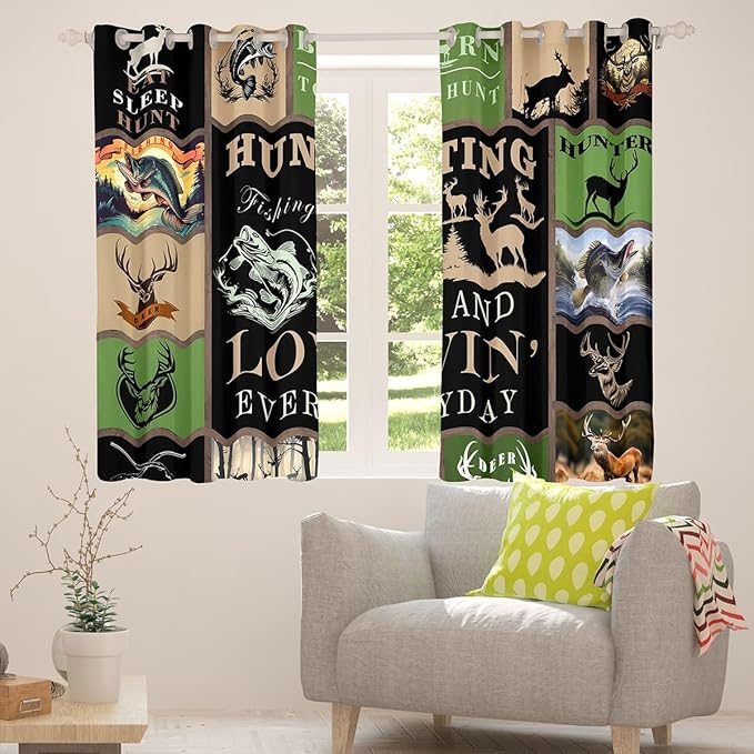 Feelyou Big Pike Fish Window Drapes Deer Curtains for Kids Teens Boys - Antlers Fish Fishing Rod Window Treatments Blackout Curtains, 52W X 84L, 2 Panels