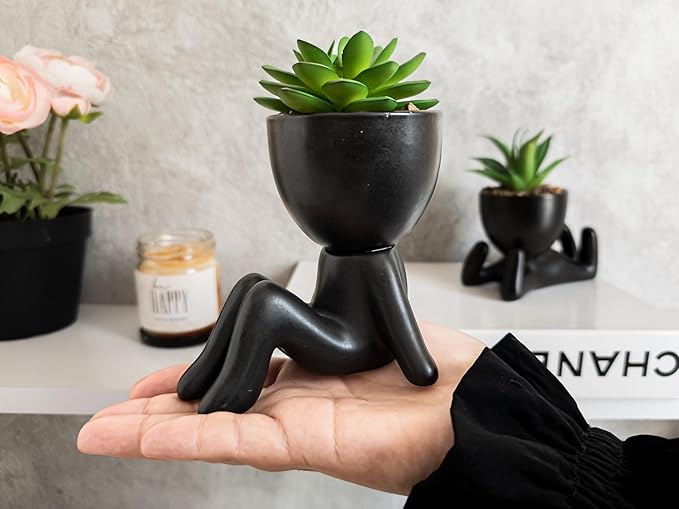 OLEEK Small fake plant office decor for women - blacks plants decor - office plants artificial - fake plants black - succulents fake plant for shelf decor - fake plants black pots for plants - Pot Set
