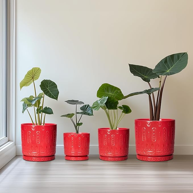 Eightpot 12 Inch Pots for Plants, Ceramic Pots for Plants Indoor Outdoor, Round Flower Pot with Drainage Holes and Saucers, Modern Decorative Planter, Home Porch Decor, Gardening Gifts, Red