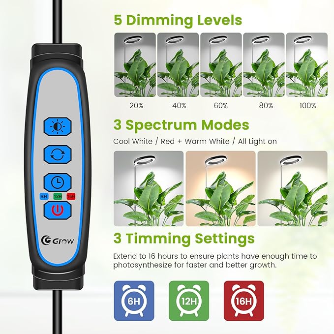 Kullsinss Black Grow Light, Full Spectrum LED Plant Lights for Indoor Growing with 6/12/16H Timer, 3 Color Modes, 5 Brightness, 10"-65" Height Adjustable Plant Grow Lamp for Large Indoor Plants