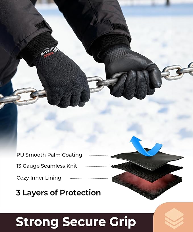 KAYGO 12 Pairs Winter Work Gloves for Men and Women, Thermal Insulated Safety Work Gloves PU Coated, Super Grip,Ideal for Freezer Work,Black,XL