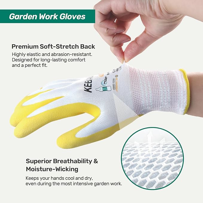Kebada Gardening Gloves for Women, 6 Pairs Latex Coated Womens Work Gloves, High Visibility, Medium, Lilac & Yellow