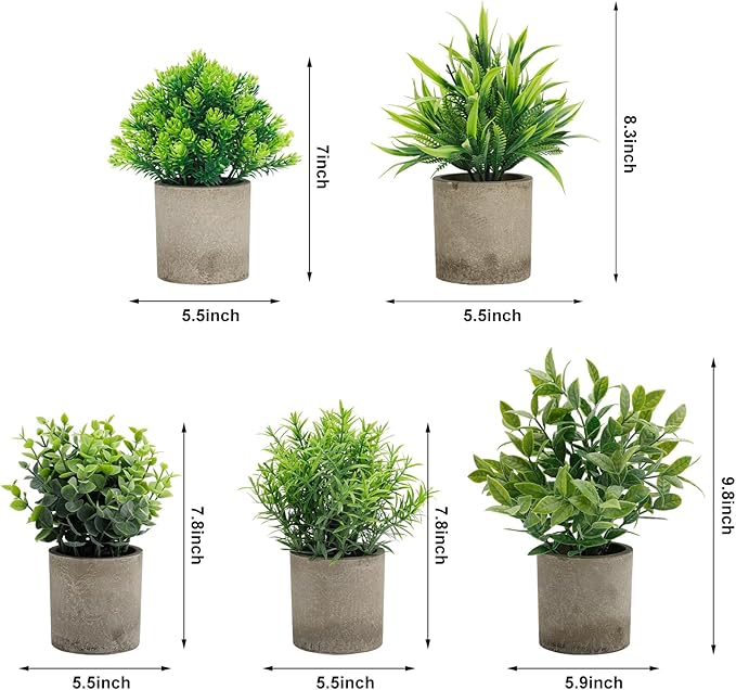 AUUGUU Artificial Potted Plants Set of 5, Realistic Faux Greenery in Cement Pots for Home Office Desk Bookshelf Decor, Small Fake Plants for Indoor Tabletop Decoration