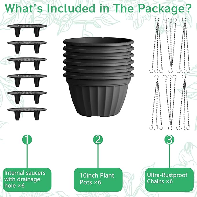 FGstyle 6 Pack Hanging Planters 10 Inch,Self Watering Pots for Indoor Plants,Plastic Hanging Basket with Soil Elevator and 20" Chain for Home Garden Porch Balcony Patio Decor(Black)