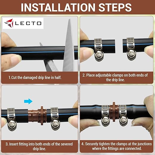 LECTO Universal 5/8", 1/2", .700" Drip Line Repair & Extension Kit – Plastic Coupler with 2 Stainless Steel Hose Clamps