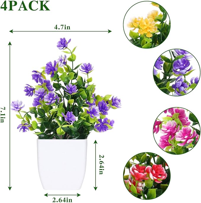 CEWOR Fake Flowers 4 Packs Artificial Plants Indoor Mini Eucalyptus Flowers Decorations for Spring Desk Wedding Bathroom Office Home Room Table Decor Indoor Outdoor
