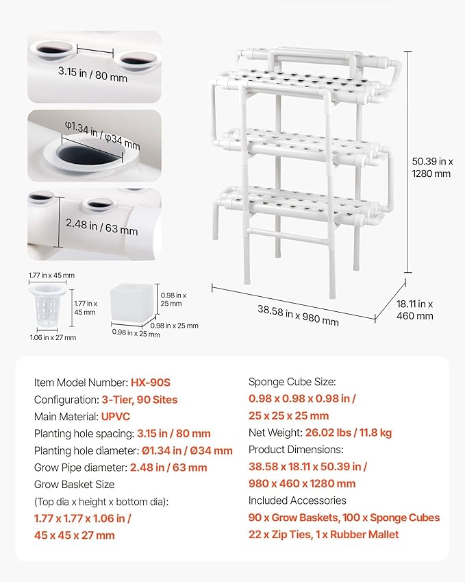 VEVOR Hydroponics Growing System Kit, 3-Tier 90 Sites UPVC Pipe Hydroponic Grow Kit with Timed Irrigation, Sun & Light Blocking Pipes, Indoor Home Garden Vegetable Planting Grow Kits for Fruit Herb