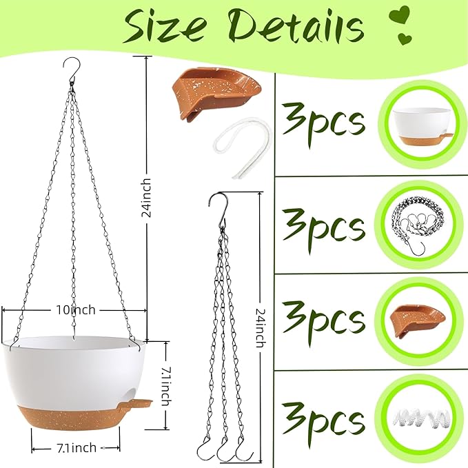 3 Pack Hanging Planters for Indoor Outdoor Plants, 10 Inch Self Watering Hanging Pots for Plants, Plastic Hanging Flower Baskets for Plants Hanger with Drainage and Tray, Chain (White Brown)