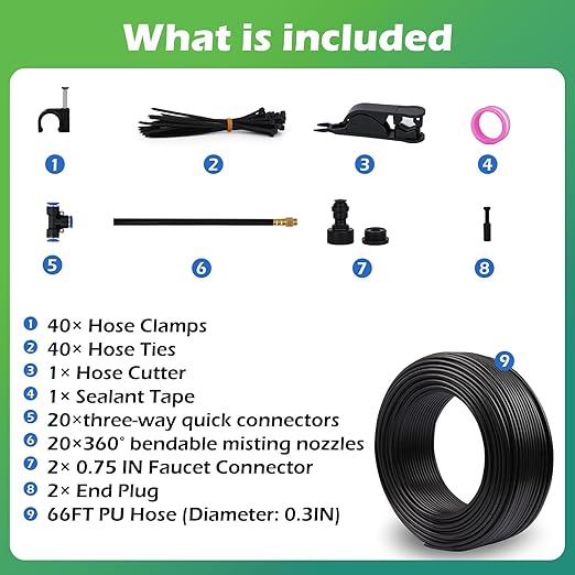 Drip Irrigation System 66 FT with 20 Nozzles, 360° Adjustable Bendable Garden Watering Misting System for Greenhouse, Yard, Lawn, Plant, Garden, 0.3 inch Hose