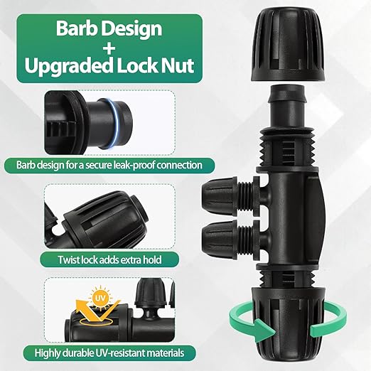 RedChili 12 Pcs 1/2" to 1/4" Drip Irrigation Fittings, Dripline 1/2 Inch (1/2" ID x0.6-0.65" OD) to 1/4 Inch Reducing Tee Adapter Drip Tubing Barbed Lock Nuts 1/2" to 1/4" Irrigation 4 Way Connectors