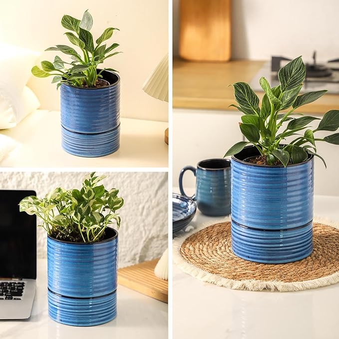 HASENSE Ceramic Plant Pot with Saucer, 6 Inch Planter for Indoor Plants with Drainage Hole,Snake Plants & Cactus, Navy Blue Flower Pot for Succulents,Modern Home Office Decor Gift
