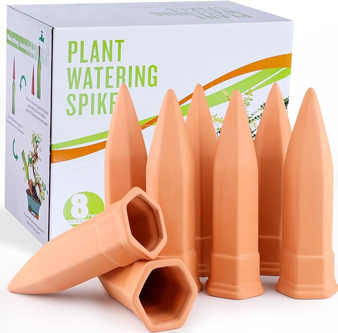 Terracotta Watering Spikes, Set of 8 Pack Plant Watering Devices, Self Terra Cotta Watering Spikes Stakes for Indoor and Outdoor, Automatic Plant Waterer System for Vacation Potted Plants