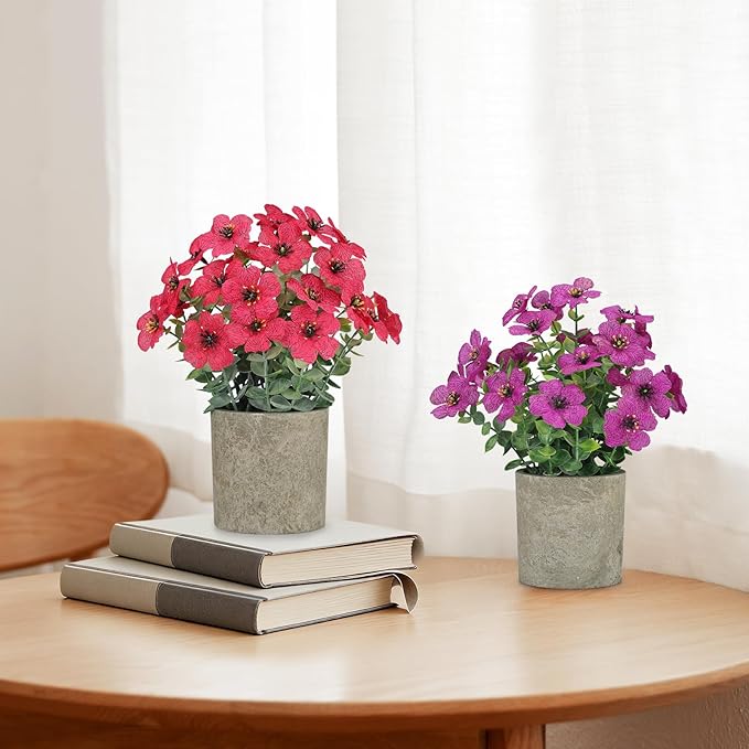 2 Pack Small Fake Plants Potted Artificial Plants Artificial Flowers Potted Faux Flower Daisy with Eucalyptus Leaves for Home Decor Office Room Farmhouse Indoor Table Bathroom Decor（Purple&magenta）