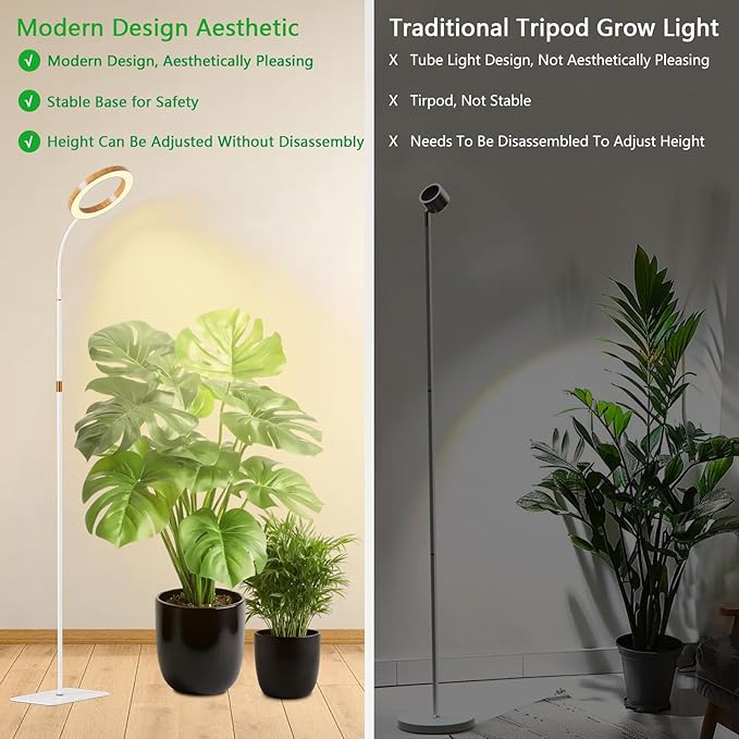 SDOVUERC Full Spectrum Grow Light with Stand for Indoor Plants, Floor Plant Light, 6/12/18H Timer, 3 Color Modes, Adjustable Height 16.5–68in, for Large Plants & Home Décor(1 Head,Faux Wood Grain)
