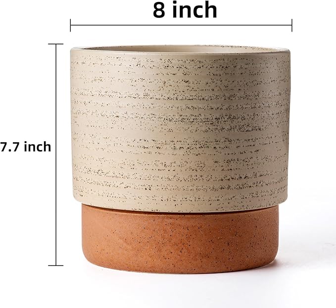 Self Watering Ceramic Planter: 8 Inch Plant Pot with Drainage Hole & Water Storage Plus for Outdoor & Indoor Plants, Succulents, Herbs - Flower Pot for Home or Office Decor - Brush