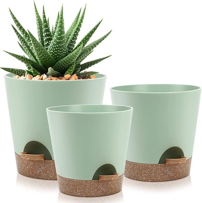 YNNICO Indoor Self Watering Planters with Drainage Holes and Saucers, 9,8, 7.5 Inches, Green, 3 Pots (Springgreen)