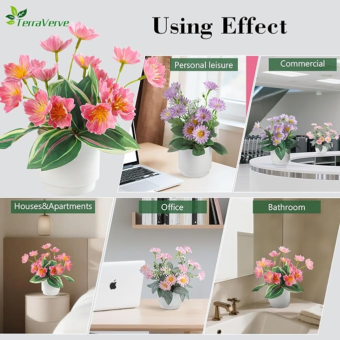 2-Piece Artificial Mums Set & Silk Flowers| Fake Flowers Indoor Planters for Living Room, Bedroom, Bathroom & Office Decor | Boho Style Artificial Plants & Flowers Decor