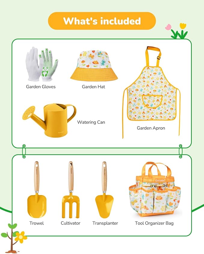 Grenebo Kids Gardening Set Toys,Includes Metal Trowel,Transplanting Shovel,Garden hat,Rake,Apron,Gloves,Watering Can,and Tool Organizer Bag (Yellow)