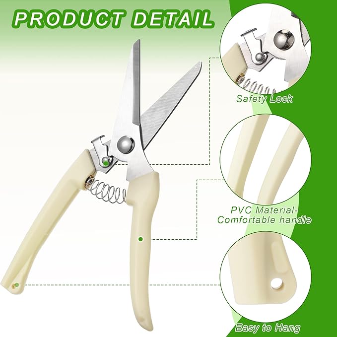 Therwen 12 Pcs Garden Shears Flower Scissors Pruning Shears Floral Garden Clippers Hand Pruners Branch Cutter Gardening Tools for Plants Cutting, Trimming, Fruits Picking (Beige,Bypass, Straight)