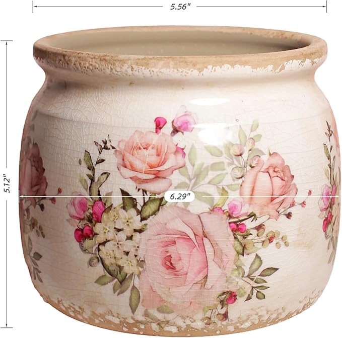 Xiaan Jiaju Ceramic Planter for Indoor Plants, 6.29 Inch Rose Pattern Crackle Glaze Flower Pot with Drainage Hole, Orchid Succulent Pots, European Farmhouse Bedroom Balcony Decor Gift, Pink
