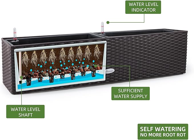 Dexceder 31.5 Inch Rattan Self Watering Planter Indoor Outdoor, Thickened Large Rail Flower Plant Pot Window Box with Water Level Indicators (Brown)