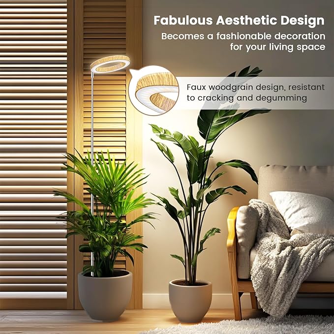 Kullsinss Grow Lights for Indoor Plants, Full Spectrum Plant Lights for Indoor Growing with 6/12/16H Timer, 3 Color Modes, 5 Brightness, 10"-65" Height Adjustable Wood Grain Plant Growing Lamp