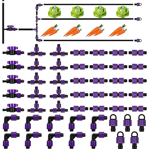 Tondiamo 50 Pcs Garden 5/8" Drip Irrigation Tape Tubing Fittings Kit Include Connector, Tee Coupling, Elbows, End Cap, On/Off Valve Barb for Most 16-17 mm Tubing Irrigation System(Purple)