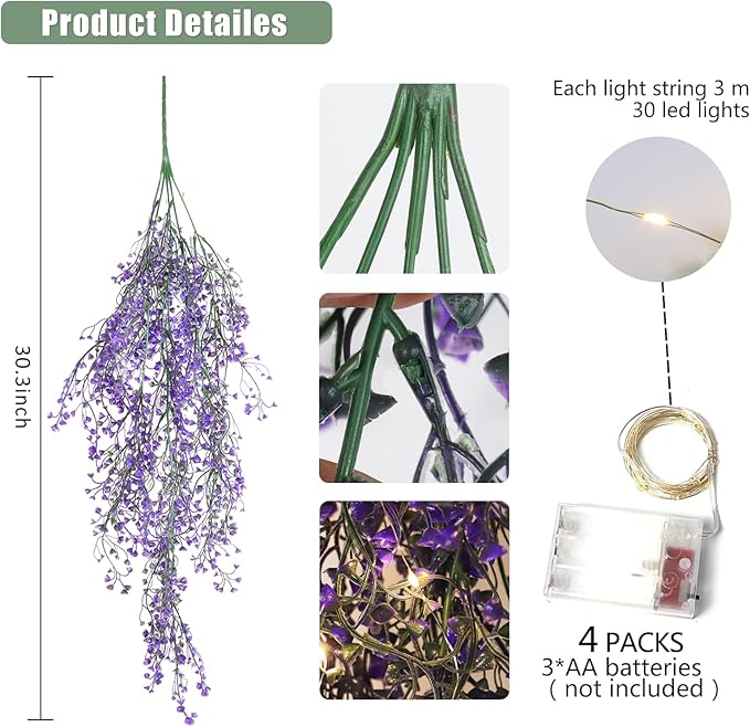 RECUTMS Artificial Hanging Plant 4 Pack Fake Fern with LED Lights Ivy Vines 2.5ft Faux Hanging Greenery Vine for Home Garden Wall Office Wedding Party Decoration (Purple)