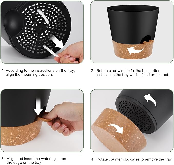 YNNICO 10-Inch Plant Pots, Self-Watering Planters with Drainage Holes & Saucers for Indoor and Outdoor Plants (2-Pack, Black)