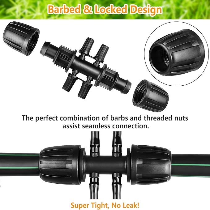 Drip Irrigation Fittings for 1/2 Inch to 1/4 Inch Tubing Reducing Tee, 12 Pcs 1/2'' to 1/4" Drip Line Anti-Drop Locked Nut Barbed Reducer 6 Way Tee Connectors & 12 Pcs End Caps for Drip Systems