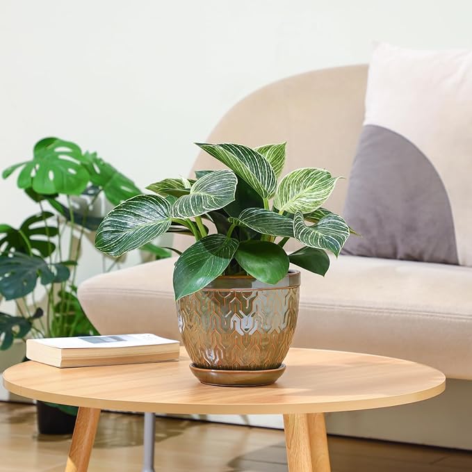 Sureasy 6.5 Inch Ceramic Plant Pots, Embossed Decorative Planters with Drainage Hole and Saucer, Modern Flower Pots for Indoor Plants, Set of 2, Green
