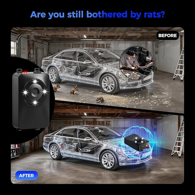 2-Pack Ultrasonic Rodent Repellent for Car Engine, Battery Powered Under Hood Mouse Repellent with LED Strobe Lights, Keeps Rats and Mice Away from RVs, Garage, Shed, Attic, Indoors