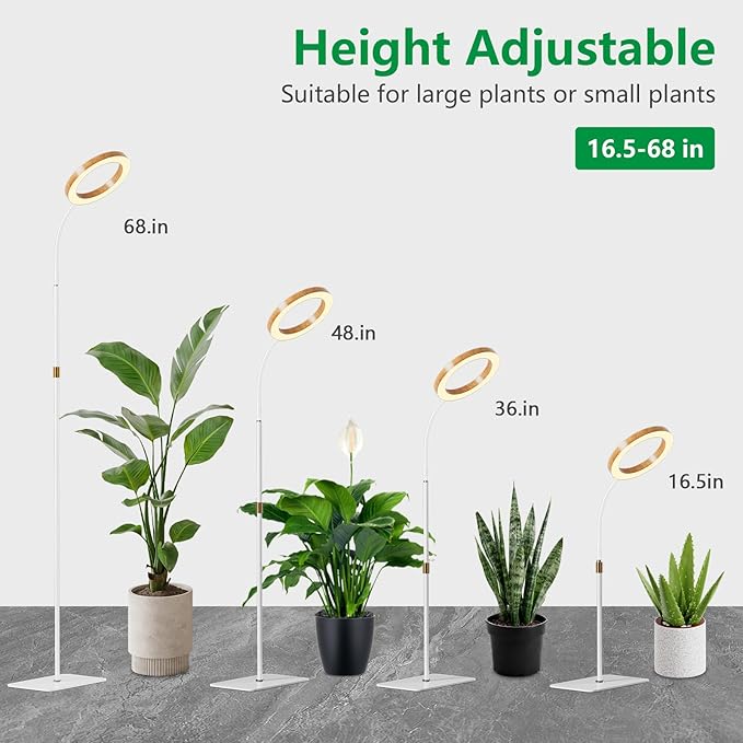 One Head Grow Light for Indoor Plants Full Spectrum - Floor Standing Plant Lamp with Auto Timer 6/12/18H, 5-Level Dimmable & Adjustable Height 16.5-68in for Large Tall Plants |Faux Wood Design