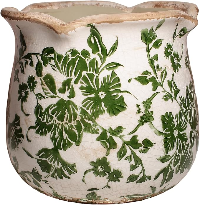 Xiaan Jiaju Tuscan Ceramic Plant Pots, 6.11 Inch Vintage Planters with Drainage Hole for Indoor Plants, Farmhouse Green Scroll Vase & Flower Pots, Home Kitchen Garden Decor, Plant Lover Gifts