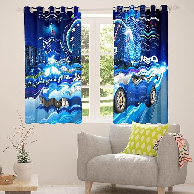 Feelyou Boys Race Car Window Curtains Bedroom Living Room Cool Sports Car Curtains Kids Room Decor Boys Girls Extreme Sports Window Drapes Blue Automobile Treatments 42W X 90L，2 Panels