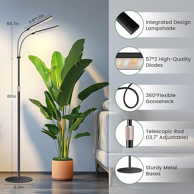 Kullsinss Black Floor Grow Lights for Indoor Plants, 2-Heads Full Spectrum LED Plant Grow Light with 4/8/12/16H Timer, 3 Color Modes, 24-68.7in Hight Adjustable Grow Lamp for Tall Large Indoor Plants