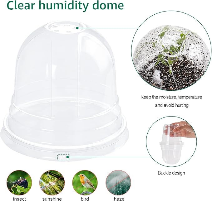 Bluepro 30 Packs 4 Inch Reinforced Clear Nursery Pots with Humidity Dome, Transparent Plastic Plant Pot Seedling Planter with Drainage Holes for Vegetable Propagation, Root Cutting, Seed Starting