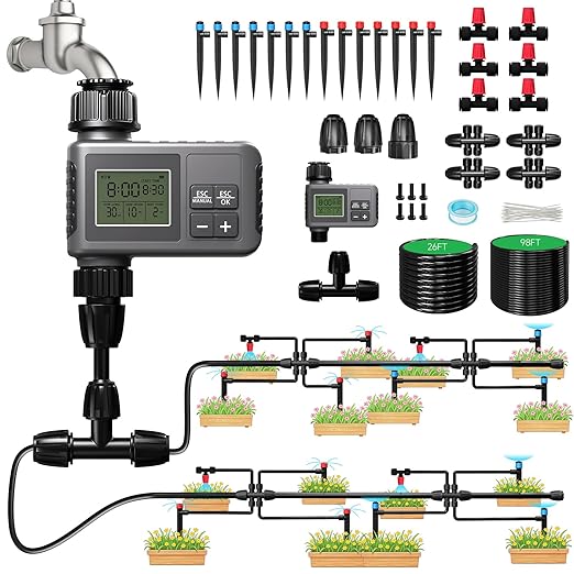 124FT Drip Irrigation System with LCD Timer, Automatic Watering System Kits,1/2 Inch Hose 1/4 Inch Distribution Tubing 3 Sprayer Types, for Garden, Greenhouse, Garden, Lawn