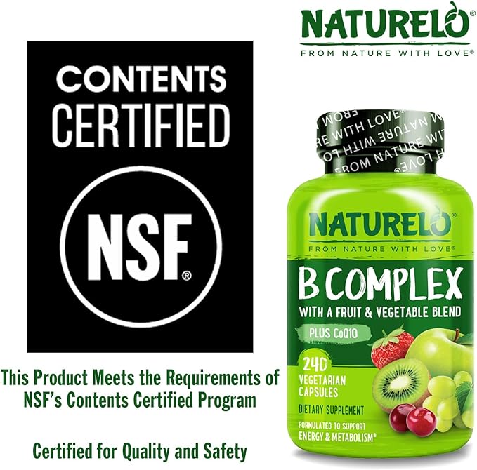 NATURELO Vitamin B Complex, 240 Capsules, Vegan, CoQ10, Methyl Folate, Biotin, Fruit & Veg Blend, Supports Energy and Healthy Stress Response, Super B Complex Vitamins for Women and Men