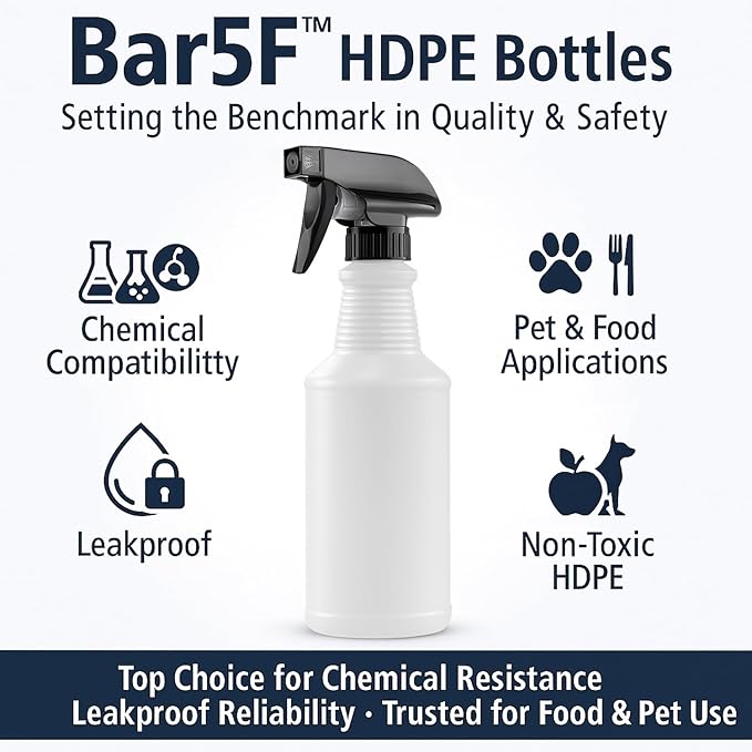 Bar5F Chemical-Resistant Spray Bottle – BPA-Free, Durable, Adjustable Nozzle for Cleaning, Gardening, Hydrogen Peroxide, Rubbing Alcohol, Leak-Proof, Multipurpose (Black (2-Pack) 16-Ounce)